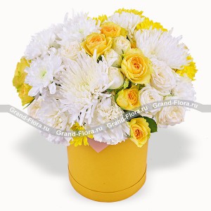 Солнечные блики - коробка с желтыми кустовыми розами и хризантемами